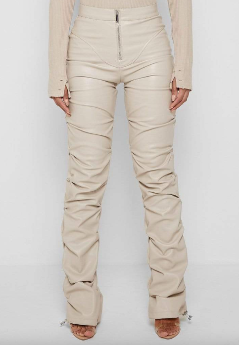 Creme Leather Flared Trousers