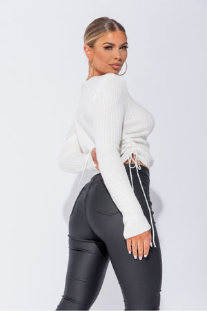 Off White Ruched Side Rib Knit Crop Jumper